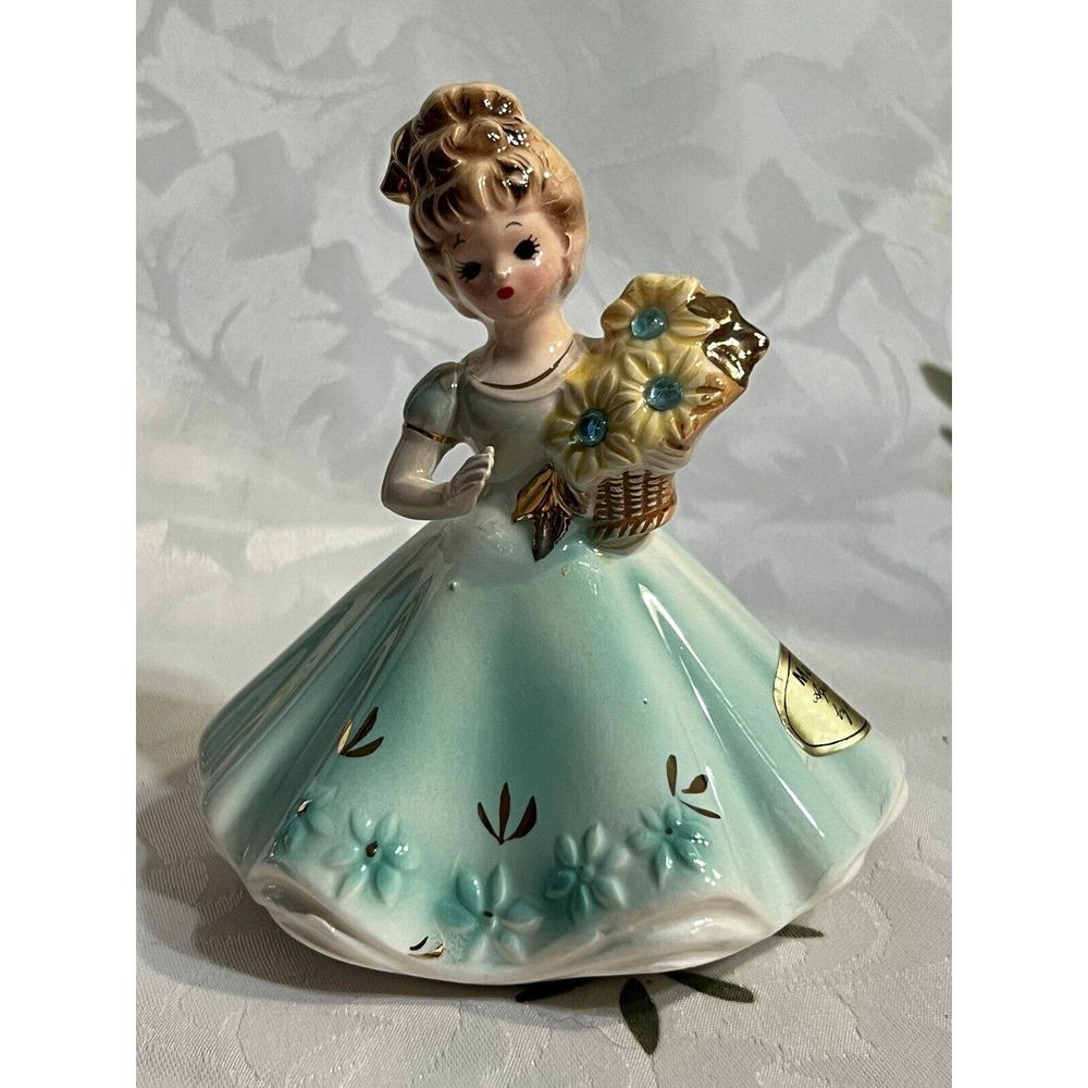 Vtg Josef Originals Birthstone Series, March Gemstone Aqua Green Dress Figurine